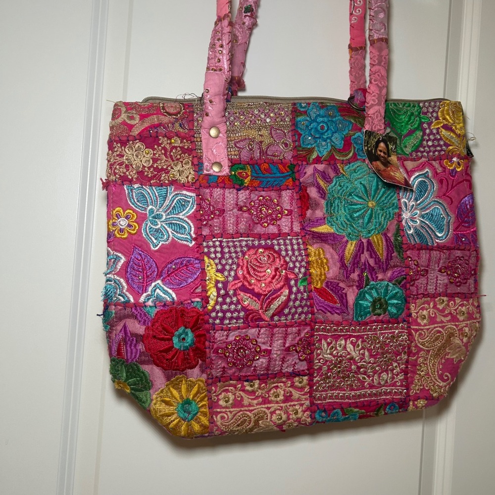 Shop With A Mission India Pink Patchwork Embroidered Sequin Boho Tote Bag NEW - Picture 2 of 5